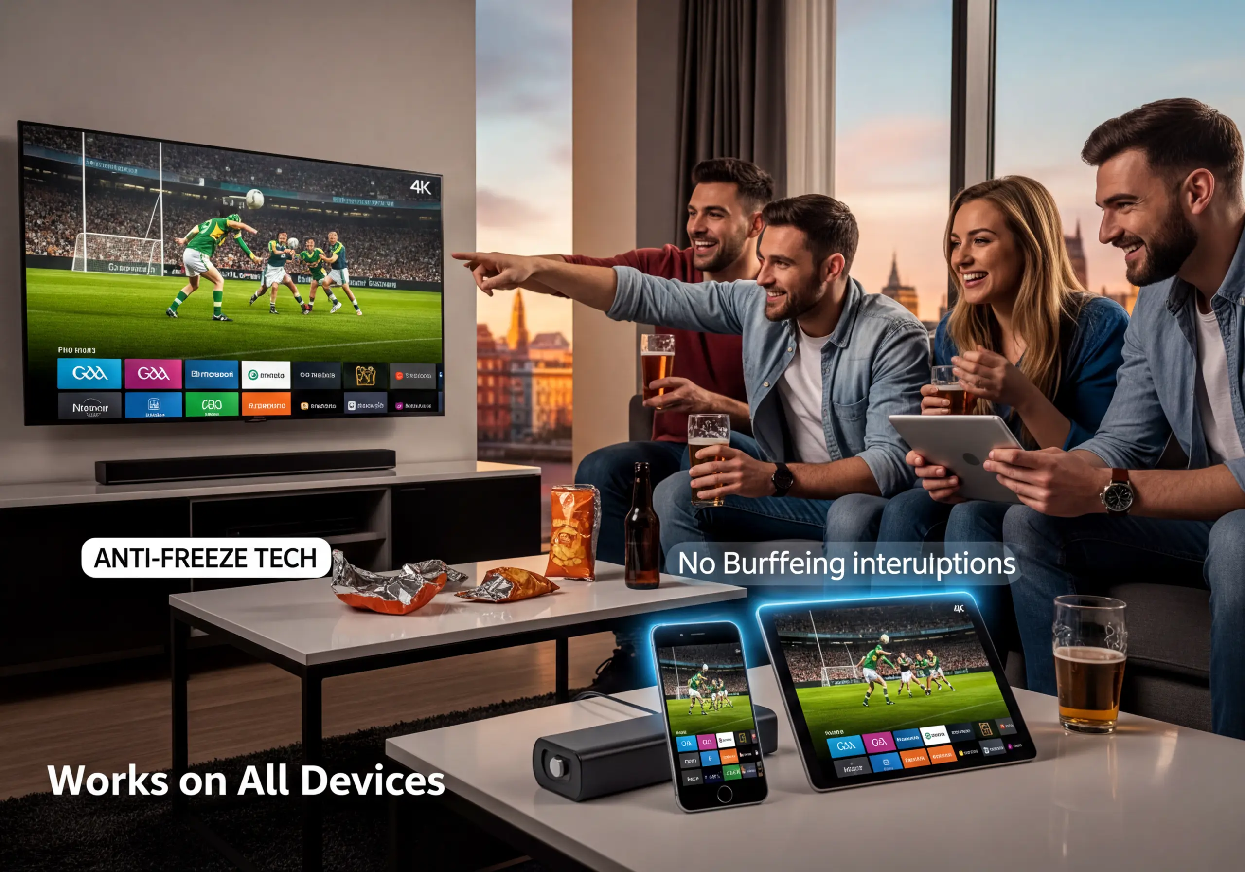 GAA IPTV Ireland 2026 — Zero Buffering, Anti-Freeze Technology No buffering GAA IPTV Ireland — anti-freeze technology for smooth All-Ireland Championship streaming on multiple devices